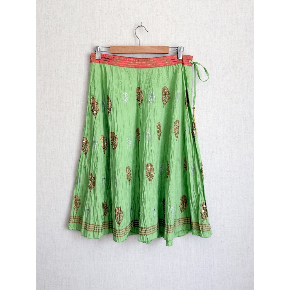 Boho Indian Peppermint Bay Wrap Skirt M Green Gold Sequin Tassel Midi Cotton